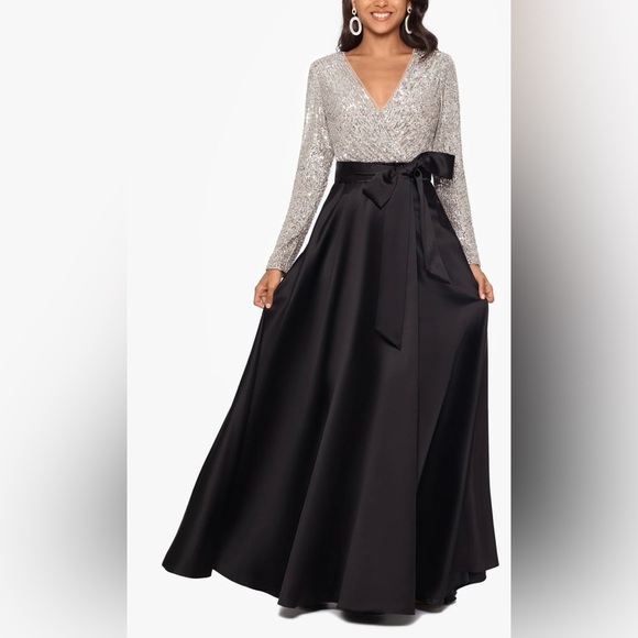 XSCAPE DIXIE V-NECK LONG SLEEVE SEQUIN TOP WAISTBAND WITH BOW GOWN - Picture 2 of 7